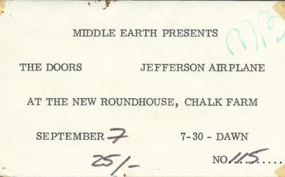 Original ticket for The Doors at the Roundhouse, 7 September 1968