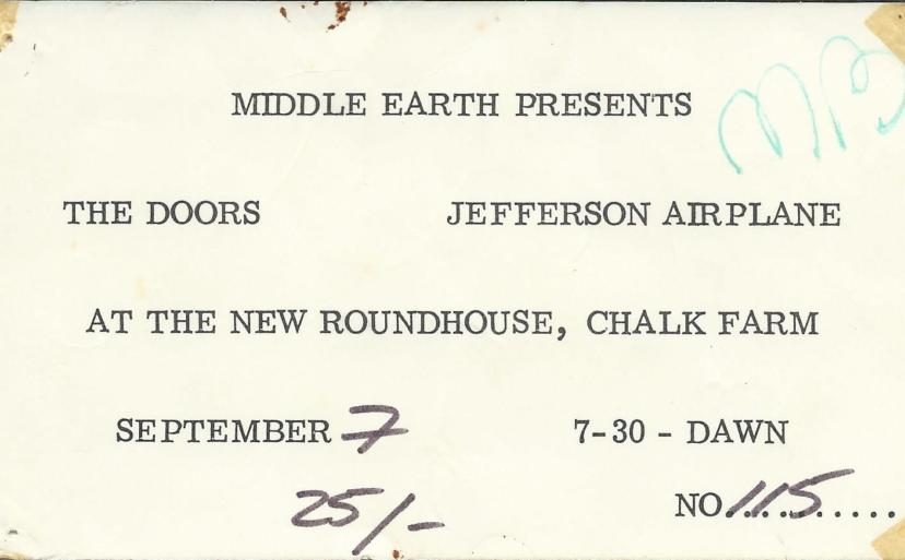 Original ticket for The Doors at the Roundhouse, 7 September 1968